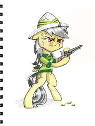 Size: 3311x4414 | Tagged: safe, artist:helmie-art, derpibooru import, daring do, pegasus, pony, g4, clothes, female, gun, handgun, hat, image, inktober 2017, jpeg, mare, reality ensues, revolver, solo, traditional art, weapon