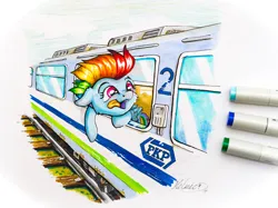 Size: 4443x3332 | Tagged: safe, artist:helmie-art, derpibooru import, rainbow dash, pony, g4, behaving like a dog, female, image, jpeg, mare, multicolored hair, silly, silly pony, solo, tongue out, train