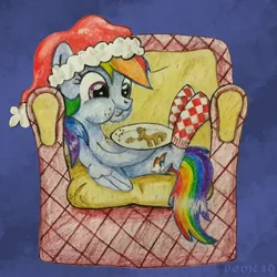 Size: 2134x2134 | Tagged: safe, artist:helmie-art, artist:modecom1, derpibooru import, rainbow dash, pegasus, pony, g4, christmas, clothes, cute, dashabetes, female, hat, holiday, image, jpeg, merry christmas, socks, solo, traditional art