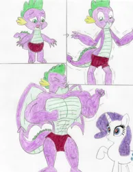 Size: 1280x1650 | Tagged: safe, artist:shrekrulez, derpibooru import, rarity, spike, dragon, pony, unicorn, g4, age progression, beefspike, briefs, chest beating, chest pounding, clothes, duo, duo male and female, emanata, eyes closed, fangs, female, heart, heart eyes, horn, image, jpeg, male, mare, muscle growth, muscles, muscular male, older, older spike, open mouth, raised hoof, shipping, simple background, sparity, straight, tail, traditional art, underwear, white background, wingding eyes, winged spike, wings