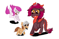 Size: 1920x1278 | Tagged: safe, artist:zeccy, derpibooru import, oc, oc:indigo talon, dracony, dragon, earth pony, hybrid, pegasus, pony, animated, claws, female, filly, foal, gif, horns, image, motion lines, simple background, sword, transparent background, weapon, wings, wings down, yellow eyes