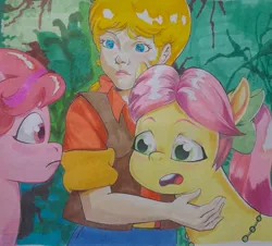 Size: 2048x1850 | Tagged: safe, artist:maximil51083715, derpibooru import, megan williams, posey (g5), earth pony, human, pegasus, pony, fugitive flowers, g1, g5, my little pony 'n friends, my little pony: tell your tale, bow, female, foliage, generational ponidox, hair bow, image, jpeg, looking at each other, looking at someone, open mouth, outdoors, parody, scene interpretation, scene parody, traditional art, trio, trio female, windy