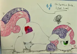 Size: 3978x2783 | Tagged: safe, artist:icontheowl, derpibooru import, rarity, sweetie belle, pony, unicorn, g4, female, filly, foal, horn, image, implied rarity, jpeg, scootie belle, traditional art
