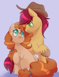 Size: 1230x1600 | Tagged: safe, artist:uckster_, derpibooru import, bright mac, pear butter, earth pony, pony, g4, bright mac's hat, brightbutter, buttercup, closed mouth, colored lineart, cowboy hat, duo, duo male and female, female, flower, flower in hair, freckles, full body, hat, image, lavender background, looking at each other, looking at someone, male, mare, no pupils, png, raised hoof, shiny mane, shiny tail, shipping, signature, simple background, sitting, smiling, smiling at each other, stallion, straight, turned head, unshorn fetlocks