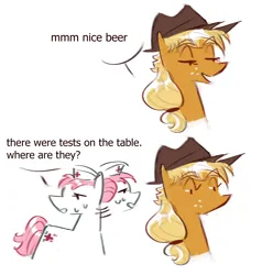 Size: 3800x4000 | Tagged: safe, artist:liustranapolu, derpibooru import, applejack, nurse redheart, earth pony, pony, g4, 2 panel comic, :d, afterimage, applejack's hat, arial, bust, colored eyebrows, comic, cowboy hat, dialogue, doodle, duo, duo female, eyebrows, eyebrows visible through hair, female, freckles, hair bun, hat, high res, image, implied piss drinking, lidded eyes, looking sideways, mare, motion lines, no mouth, nurse hat, oops, open mouth, open smile, png, side view, simple background, smiling, speech bubble, sweat, three quarter view, turned head, white background, wide eyes, worried