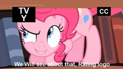 Size: 680x382 | Tagged: safe, derpibooru import, edit, edited screencap, screencap, pinkie pie, earth pony, pony, g4, pinkie apple pie, bookshelf, closed captioning, golden oaks library, image, jpeg, library, meme, my little pony, solo, television logo joke, text, tv rating, tv-y