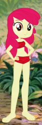 Size: 1280x3801 | Tagged: safe, artist:remifan, derpibooru import, apple bloom, human, equestria girls, g4, adorabloom, barefoot, bra, clothes, cute, feet, female, forest, hand on hip, image, jpeg, jungle, nature, smiling, solo, tree, underwear
