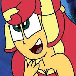 Size: 1000x1000 | Tagged: safe, artist:jadeharmony, derpibooru import, sunset shimmer, mermaid, equestria girls, g4, bra, clothes, cute, female, hand on chest, image, looking at someone, mermaidized, open mouth, open smile, png, princess ariel, seashell, seashell bra, shimmerbetes, smiling, smiling at someone, solo, species swap, the little mermaid, underwater, underwear, water
