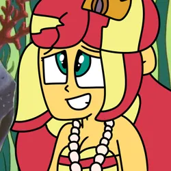 Size: 1000x1000 | Tagged: safe, artist:jadeharmony, derpibooru import, sunset shimmer, mermaid, equestria girls, g4, bra, clothes, crown, cute, female, grin, image, jewelry, mermaidized, necklace, pearl necklace, png, princess ariel, regalia, seashell, seashell bra, shimmerbetes, smiling, solo, species swap, the little mermaid, underwater, underwear, water