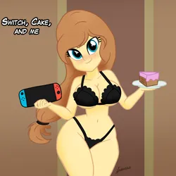 Size: 1920x1920 | Tagged: suggestive, alternate version, artist:archooves, derpibooru import, oc, oc:cream heart, unofficial characters only, human, equestria girls, g4, belly, belly button, big breasts, bra, breasts, busty cream heart, cake, clothes, equestria girls-ified, female, food, image, letter, looking at you, meme, milf, nintendo switch, panties, png, smiling, smiling at you, solo, solo female, underwear, wide hips