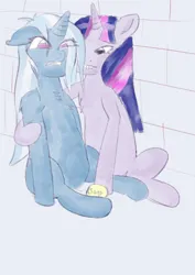 Size: 2480x3508 | Tagged: suggestive, artist:zenco, derpibooru import, trixie, twilight sparkle, g4, bathroom, female, image, jpeg, lesbian, scene interpretation, shipping, soap, twixie