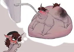 Size: 3508x2480 | Tagged: suggestive, artist:toasterus, derpibooru import, oc, unofficial characters only, bat pony, pony, belly, belly bed, big belly, blushing, butt, curved horn, fat, fat fetish, feedee, feeding, feeding tube, fetish, force feeding, heart, heart eyes, horn, huge belly, huge butt, image, immobile, impossibly large belly, impossibly large butt, large butt, morbidly obese, obese, png, red hair, thinking, wingding eyes