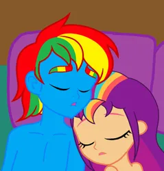 Size: 1196x1249 | Tagged: safe, artist:shieldwingarmorofgod, derpibooru import, sunny starscout, oc, oc:shield wing, g4, g5, bed, eyes closed, female, g5 to g4, generation leap, image, male, png, sleeping