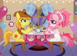 Size: 4134x3013 | Tagged: safe, artist:sparkleshiet, derpibooru import, braeburn, oc, oc:pink patches, earth pony, pony, g4, cake, canon x oc, female, food, image, jpeg, male, shipping, straight, teapot