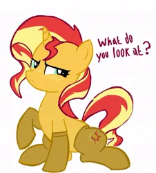 Size: 852x943 | Tagged: safe, artist:pinkiedraw_, derpibooru import, sunset shimmer, pony, unicorn, g4, blushing, clothed ponies, clothes, cyan eyes, dialogue, embarrassed, female, horn, image, jpeg, looking at you, simple background, socks, solo, sunset shimmer is not amused, text, two toned mane, unamused, yellow coat