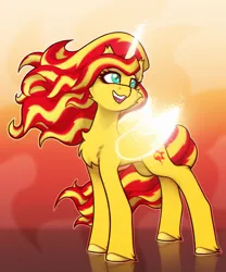 Size: 2000x2400 | Tagged: safe, artist:shad0w-galaxy, derpibooru import, sunset shimmer, alicorn, pony, g4, alicornified, artificial horn, artificial wings, augmented, cheek fluff, chest fluff, concave belly, ear fluff, female, folded wings, gradient background, high res, hooves, horn, image, magic, magic horn, magic wings, mare, open mouth, png, race swap, reflection, shimmercorn, smiling, solo, unshorn fetlocks, wind, windswept mane, wings