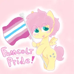Size: 1000x1000 | Tagged: safe, artist:cozyinbutters, derpibooru import, fluttershy, pegasus, pony, g4, :3, bipedal, blushing, butterscotch, cute, femboy, flag, flag waving, flutterboye, image, male, messy mane, mouthpiece, png, pride, pride flag, rule 63, solo, text