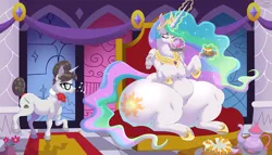 Size: 7238x4131 | Tagged: suggestive, artist:skunk bunk, derpibooru import, princess celestia, raven, alicorn, unicorn, g4, banner, butt, cake, cakelestia, canterlot castle, canterlot castle interior, carpet, food, glasses, horn, huge butt, image, indoors, jewelry, large butt, pillar, png, rug, sitting, stained glass, tea, thighs, throne, thunder thighs, tiara, window, wings