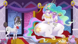 Size: 7238x4131 | Tagged: suggestive, artist:skunk bunk, derpibooru import, princess celestia, raven, alicorn, unicorn, g4, banner, butt, cake, cakelestia, canterlot castle, canterlot castle interior, carpet, food, glasses, horn, huge butt, image, indoors, jewelry, large butt, pillar, png, rug, sitting, stained glass, stomach noise, tea, thighs, throne, thunder thighs, tiara, window, wings