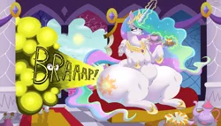Size: 7238x4131 | Tagged: suggestive, artist:skunk bunk, derpibooru import, princess celestia, raven, alicorn, unicorn, g4, banner, butt, cake, cakelestia, canterlot castle, canterlot castle interior, carpet, face fart, fart, fart cloud, fart fetish, fetish, food, horn, huge butt, image, indoors, jewelry, large butt, pillar, png, rug, stained glass, tea, thighs, throne, thunder thighs, tiara, window, wings