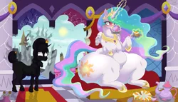 Size: 7238x4131 | Tagged: suggestive, artist:skunk bunk, derpibooru import, princess celestia, raven, alicorn, unicorn, g4, ash, banner, broken window, butt, cake, cakelestia, canterlot castle, canterlot castle interior, carpet, disintegration, food, horn, huge butt, image, indoors, jewelry, large butt, pillar, png, rug, stained glass, tea, thighs, thunder thighs, tiara, window, wings