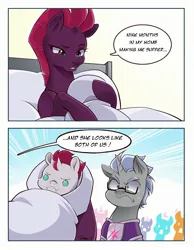 Size: 1982x2560 | Tagged: safe, artist:nekoshiei, derpibooru import, fizzlepop berrytwist, tempest shadow, oc, oc:scope, unicorn, g4, angry, bed, broken horn, canon x oc, daughter, female, horn, hospital, hospital bed, image, jpeg, meme, newborn, nine months in my womb making me suffer, royal guard, scowl, shipping, unicorn oc