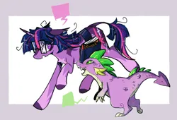 Size: 1008x686 | Tagged: safe, artist:wolfdrinksnow, derpibooru import, spike, twilight sparkle, dragon, pony, unicorn, g4, :d, :o, alternate design, aside glance, bag, bags under eyes, book, chest fluff, claws, coat markings, colored hooves, duo, duo male and female, emanata, empty speech bubble, eyebrows, facial markings, fangs, female, floppy ears, full body, glasses, hooves, horn, image, leonine tail, looking at each other, looking at someone, looking at you, male, mare, open mouth, open smile, pale belly, passepartout, png, running, saddle bag, sharp teeth, side view, sideways glance, slit pupils, smiling, smiling at someone, socks (coat marking), sparkles, sparkly mane, sparkly tail, speech bubble, stray strand, tail, teeth, unicorn twilight, walking, wingless spike