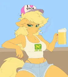 Size: 3265x3674 | Tagged: suggestive, artist:mclovin, derpibooru import, applejack, anthro, earth pony, g4, alcohol, beer, braless, cigarette, clothes, daisy dukes, denim, denim shorts, ear fluff, ear piercing, earring, erect nipples, female, fingernails, freckles, image, jewelry, john deere, jpeg, nipple outline, panties, parody, piercing, pubic fluff, red nail polish, shorts, smoking, solo, squidbillies, tanktop, thong, underwear, vulgar