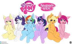 Size: 4200x2566 | Tagged: safe, artist:fireeagle2015, derpibooru import, applejack, fluttershy, pinkie pie, rainbow dash, rarity, twilight sparkle, earth pony, pegasus, pony, semi-anthro, unicorn, g4, alternate hairstyle, applejack's hat, blushing, chest fluff, cowboy hat, eyelashes, feathered wings, female, fluffy, hat, horn, image, kneeling, logo, looking at you, mane six, mare, messy mane, open mouth, pegasus wings, png, sitting, small wings, smiling, smiling at you, spread wings, underhoof, unicorn horn, unshorn fetlocks, wings