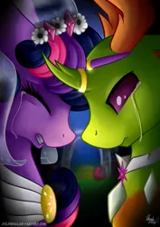 Size: 2893x4092 | Tagged: safe, artist:julunis14, derpibooru import, thorax, twilight sparkle, twilight sparkle (alicorn), alicorn, changedling, changeling, pony, g4, alternate hairstyle, arranged marriage, clothes, crossed horns, crying, crylight sparkle, dress, duo, duo male and female, eyes closed, female, horn, horn ring, horns are touching, image, jewelry, king thorax, male, mare, marriage, png, ring, sad, ship:twirax, shipping, straight, veil, wedding, wedding ring
