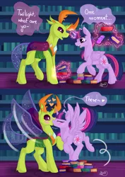 Size: 4092x5781 | Tagged: safe, artist:julunis14, derpibooru import, thorax, twilight sparkle, twilight sparkle (alicorn), alicorn, changedling, changeling, pony, g4, 2 panel comic, blushing, book, comic, duo, duo male and female, female, folded wings, glow, glowing horn, heart, horn, image, indoors, king thorax, kiss on the lips, kissing, levitation, library, magic, magic aura, male, mare, png, ship:twirax, shipping, speech bubble, spread wings, standing on books, straight, surprise kiss, telekinesis, wings
