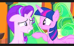 Size: 1280x800 | Tagged: safe, derpibooru import, screencap, starlight glimmer, twilight sparkle, twilight sparkle (alicorn), alicorn, g4, the crystalling, duo, duo female, female, floppy ears, friendship express, image, jpeg, locomotive, my little pony, steam locomotive, train