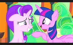 Size: 1280x800 | Tagged: safe, derpibooru import, screencap, starlight glimmer, twilight sparkle, twilight sparkle (alicorn), alicorn, g4, the crystalling, duo, duo female, female, floppy ears, friendship express, image, jpeg, locomotive, my little pony, needs more saturation, steam locomotive, train