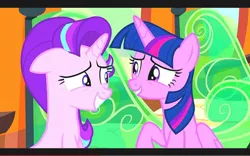 Size: 1280x800 | Tagged: safe, derpibooru import, screencap, starlight glimmer, twilight sparkle, twilight sparkle (alicorn), alicorn, g4, the crystalling, duo, duo female, female, floppy ears, friendship express, image, jpeg, locomotive, my little pony, steam locomotive, train