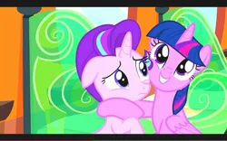 Size: 1280x800 | Tagged: safe, derpibooru import, screencap, starlight glimmer, twilight sparkle, twilight sparkle (alicorn), alicorn, g4, the crystalling, duo, duo female, female, floppy ears, friendship express, image, jpeg, locomotive, my little pony, steam locomotive, train