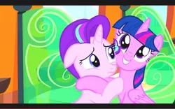 Size: 1280x800 | Tagged: safe, derpibooru import, screencap, starlight glimmer, twilight sparkle, twilight sparkle (alicorn), alicorn, g4, the crystalling, duo, duo female, female, floppy ears, friendship express, image, jpeg, locomotive, my little pony, steam locomotive, train