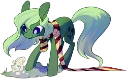 Size: 2026x1255 | Tagged: safe, artist:rendoas, derpibooru import, oc, unofficial characters only, earth pony, pony, 2015, blue eyes, closed mouth, clothes, colored lineart, commission, dated, ear fluff, earth pony oc, full body, grass, green coat, green mane, green tail, image, long scarf, looking at something, mushroom, old art, png, scarf, signature, simple background, smiling, solo, standing, striped scarf, tail, three quarter view, transparent background, white pupils