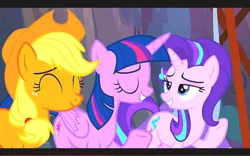 Size: 1131x707 | Tagged: safe, derpibooru import, screencap, applejack, starlight glimmer, twilight sparkle, twilight sparkle (alicorn), alicorn, g4, the mean 6, female, image, jpeg, my little pony, trio, trio female