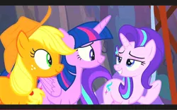 Size: 1131x707 | Tagged: safe, derpibooru import, screencap, applejack, starlight glimmer, twilight sparkle, twilight sparkle (alicorn), alicorn, g4, the mean 6, female, image, jpeg, my little pony, trio, trio female