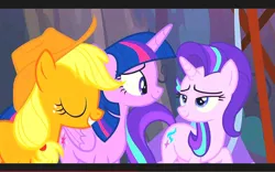 Size: 1131x707 | Tagged: safe, derpibooru import, screencap, applejack, starlight glimmer, twilight sparkle, twilight sparkle (alicorn), alicorn, g4, the mean 6, female, image, jpeg, my little pony, trio, trio female