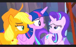 Size: 1131x707 | Tagged: safe, derpibooru import, screencap, applejack, starlight glimmer, twilight sparkle, twilight sparkle (alicorn), alicorn, g4, the mean 6, female, image, jpeg, my little pony, trio, trio female