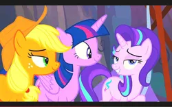 Size: 1131x707 | Tagged: safe, derpibooru import, screencap, applejack, starlight glimmer, twilight sparkle, twilight sparkle (alicorn), alicorn, g4, the mean 6, female, image, jpeg, my little pony, trio, trio female
