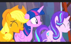 Size: 1131x707 | Tagged: safe, derpibooru import, screencap, applejack, starlight glimmer, twilight sparkle, twilight sparkle (alicorn), alicorn, g4, the mean 6, female, image, jpeg, my little pony, trio, trio female