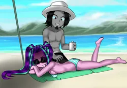 Size: 1300x900 | Tagged: safe, artist:nekojackun, derpibooru import, aria blaze, oc, oc:blackbird, human, equestria girls, g4, aria flat, beach, bikini, breasts, canon x oc, clothes, commission, delicious flat chest, digital art, disguise, disguised siren, hat, image, lying down, male, png, shipping, sunscreen, swimming trunks, swimsuit, towel, umbrella, untied bikini, water