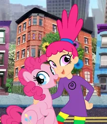 Size: 897x1040 | Tagged: safe, artist:user15432, derpibooru import, pinkie pie, earth pony, human, pony, g4, female, image, mare, namesake, pinky dinky doo, pinky dinky doo (character), png, pun, visual pun