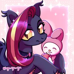 Size: 1308x1304 | Tagged: safe, artist:heya_eya_eya, derpibooru import, oc, oc:nightingale ode, unofficial characters only, bat pony, pony, g4, bat pony oc, bat wings, birthmark, blue body, colored belly, colored hooves, ear fluff, ear tufts, fangs, female, heart, hooves, hug, image, mare, my melody, pink background, png, red hair, sanrio, simple background, solo, stars, wings, yellow eyes