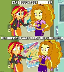 Size: 896x1000 | Tagged: suggestive, derpibooru import, edit, edited screencap, screencap, adagio dazzle, sunset shimmer, human, equestria girls, g4, 2 panel comic, caption, comic, duo, duo female, female, image, image macro, jpeg, my little pony equestria girls: rainbow rocks, screencap comic, text, vulgar