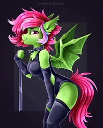 Size: 2016x2500 | Tagged: safe, artist:buvanybu, derpibooru import, oc, unofficial characters only, anthro, bat pony, collar, commission, image, leash, png, solo, ych result