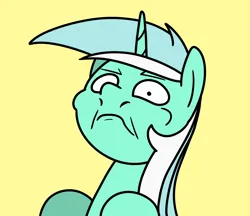 Size: 2048x1771 | Tagged: safe, artist:ewoudcponies, derpibooru import, lyra heartstrings, pony, unicorn, g4, bust, faic, frown, horn, image, looking at you, pinpoint eyes, png, simple background, solo, yellow background