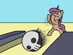 Size: 2047x1549 | Tagged: safe, artist:ewoudcponies, derpibooru import, oc, oc:drawbones, oc:jazzy saddles, unofficial characters only, pony, unicorn, bipedal, bowling, bowling ball, duo, duo male and female, female, horn, image, male, mare, png, yeet